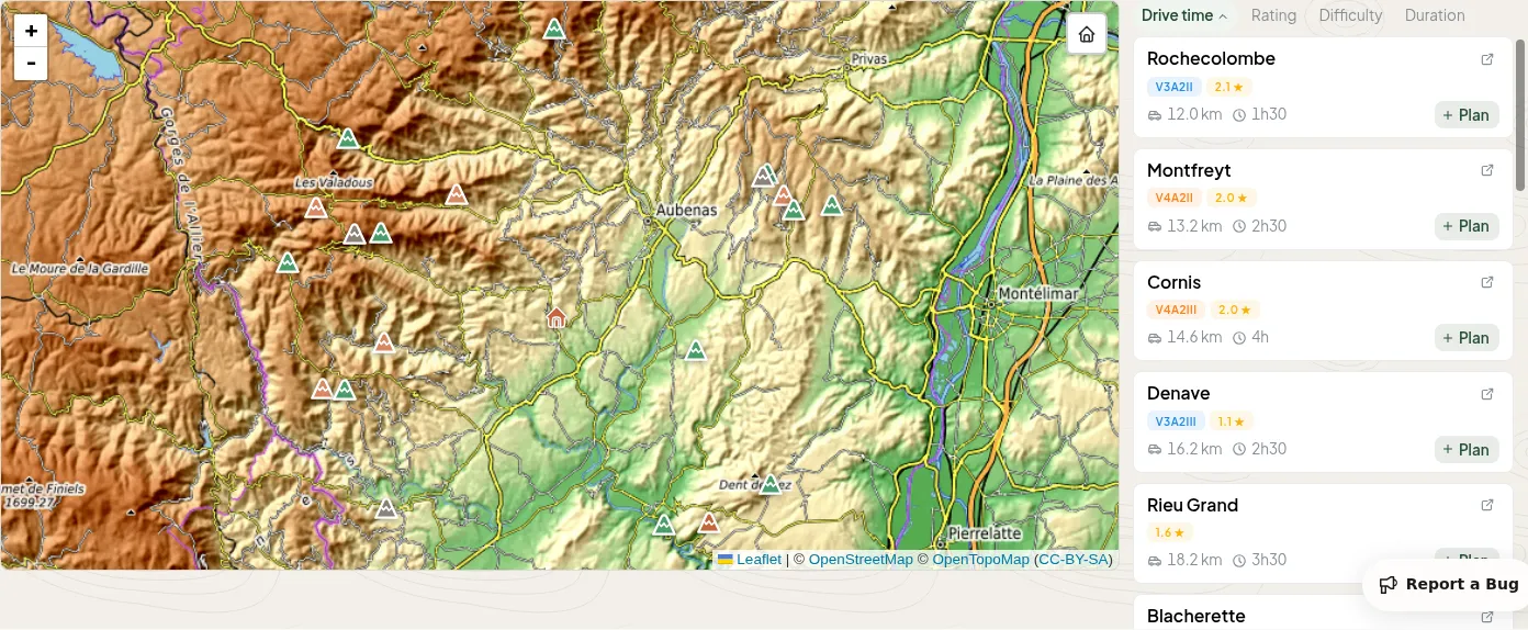 Interactive topographic map with canyon markers alongside a sortable list of nearby canyons with difficulty ratings and drive times