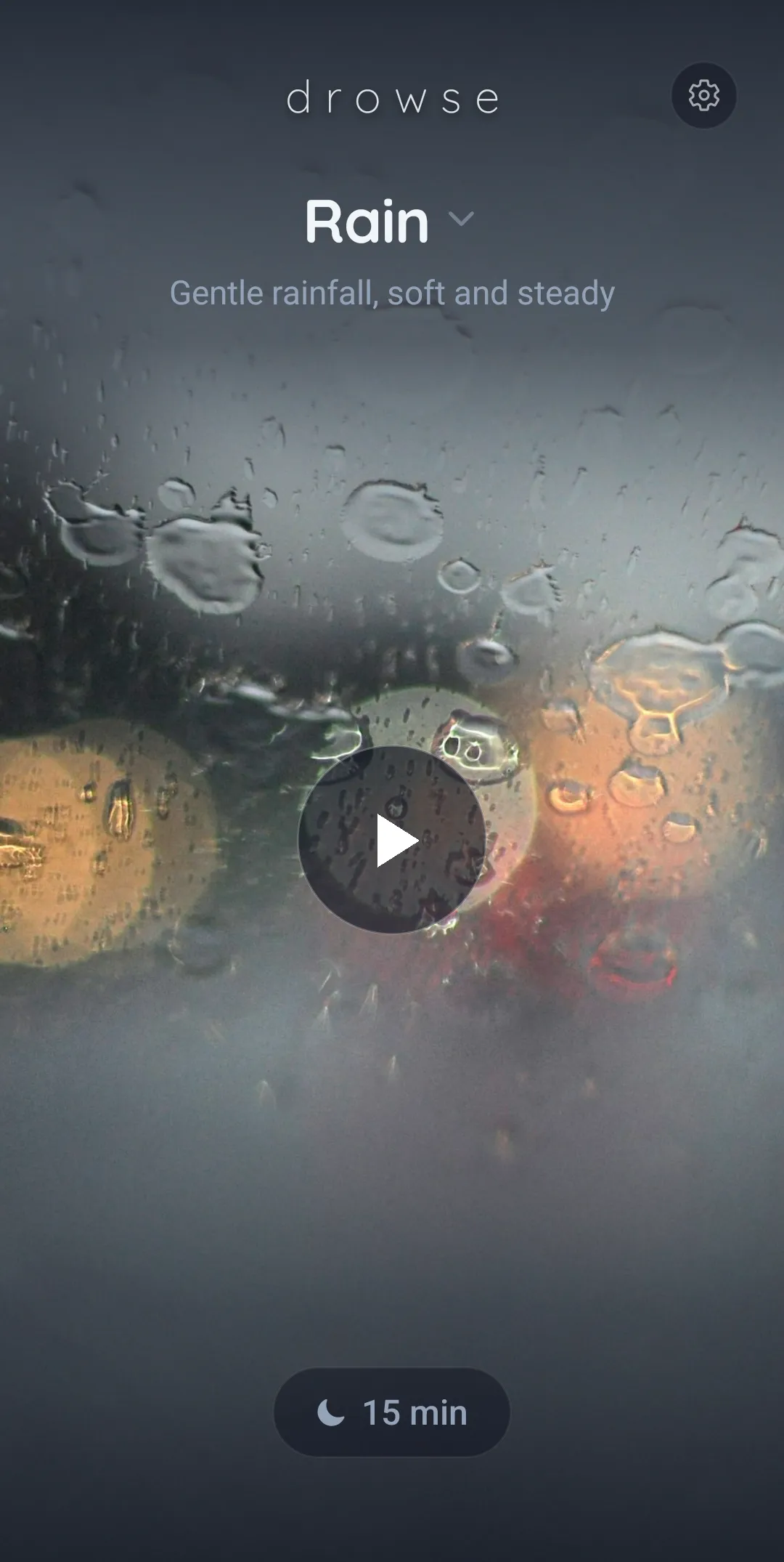 Drowse main screen showing rain sound playing with artwork background and play button