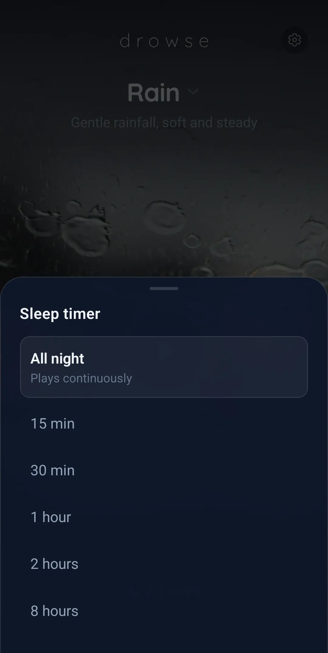 Sound gallery modal showing available ambient sounds