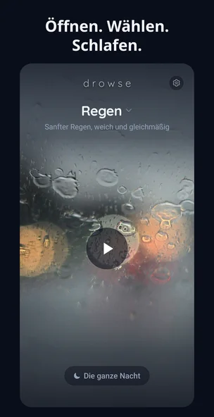 Drowse spielt Regen auf dem dunklen App-Bildschirm ab