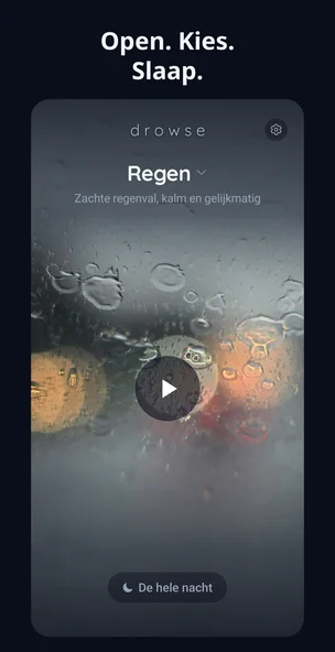 Drowse speelt regen af op het donkere appscherm